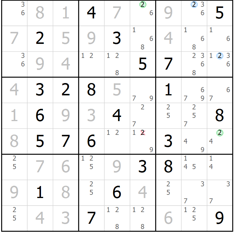 Position des candidats pour la solution de la Gr 72 page 75 du magazine de sudoku Suprême n° 030