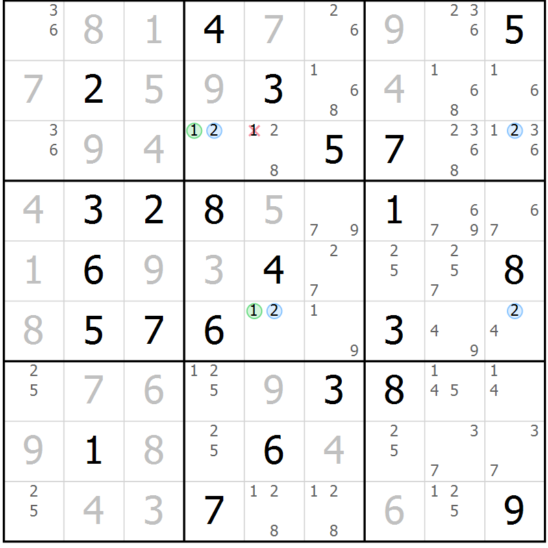 Position des candidats pour la solution de la Gr 72 page 75 du magazine de sudoku Suprême n° 030