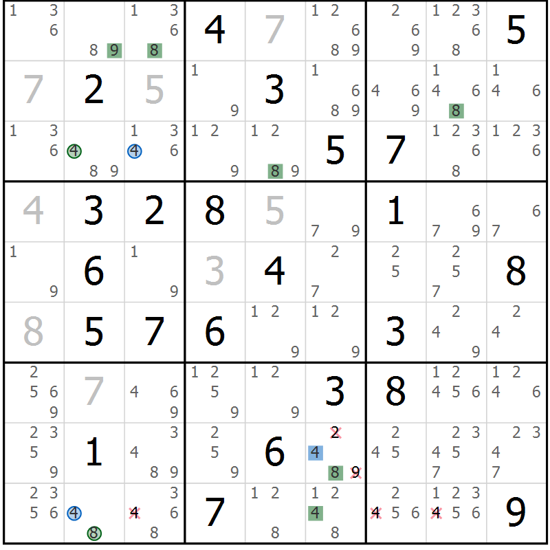 Position des candidats pour la solution de la Gr 72 page 75 du magazine de sudoku Suprême n° 030