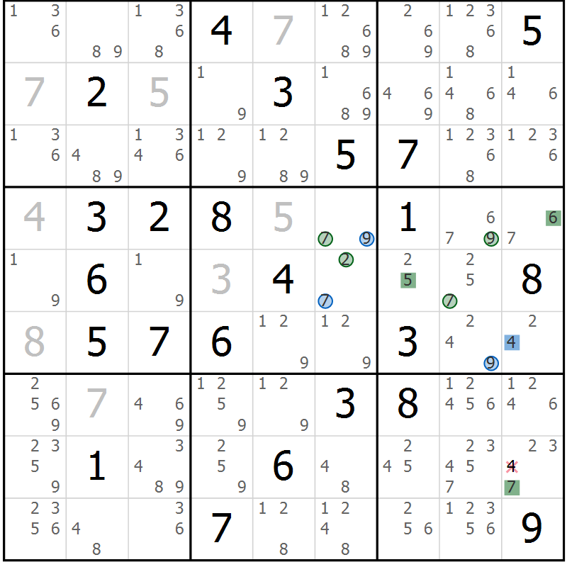 Position des candidats pour la solution de la Gr 72 page 75 du magazine de sudoku Suprême n° 030