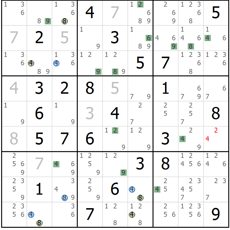 Position des candidats pour la solution de la Gr 72 page 75 du magazine de sudoku Suprême n° 030