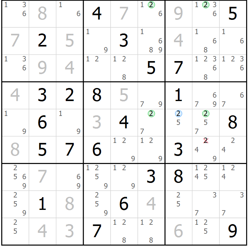 Position des candidats pour la solution de la Gr 72 page 75 du magazine de sudoku Suprême n° 030