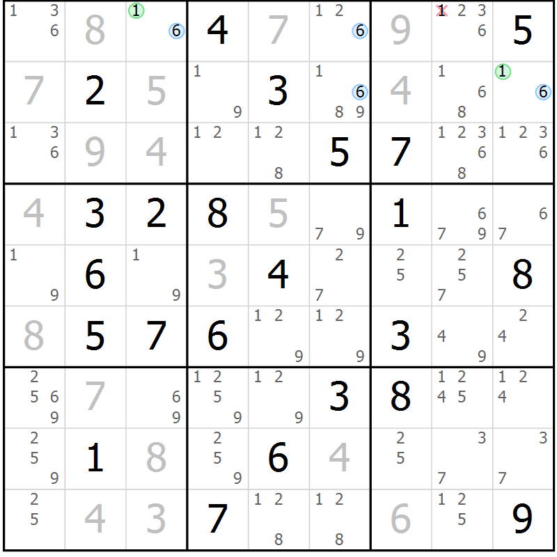 Position des candidats pour la solution de la Gr 72 page 75 du magazine de sudoku Suprême n° 030