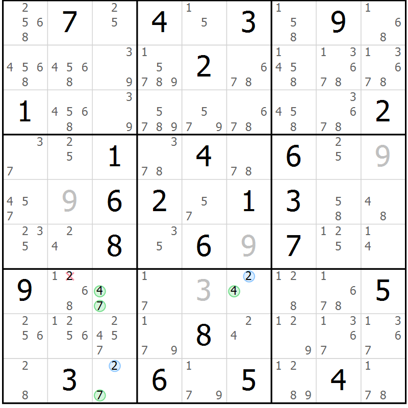 Position des candidats pour la solution de la Gr 73 page 76 du magazine de sudoku Suprême n° 030