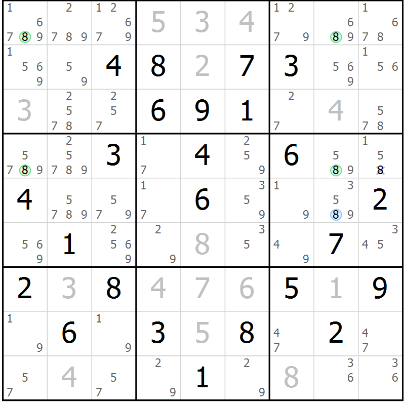 Position des candidats pour la solution de la Gr 74 page 77 du magazine de sudoku Suprême n° 030