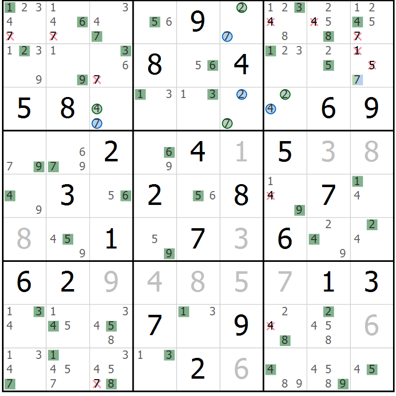 Position des candidats pour la solution de la Gr 75 page 78 du magazine de sudoku Suprême n° 030