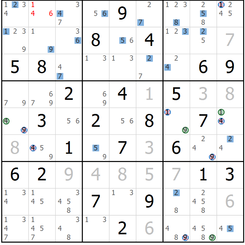 Position des candidats pour la solution de la Gr 75 page 78 du magazine de sudoku Suprême n° 030