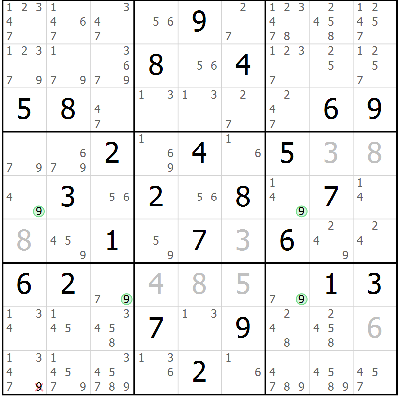 Position des candidats pour la solution de la Gr 75 page 78 du magazine de sudoku Suprême n° 030