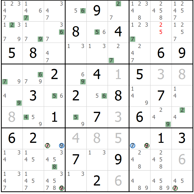 Position des candidats pour la solution de la Gr 75 page 78 du magazine de sudoku Suprême n° 030