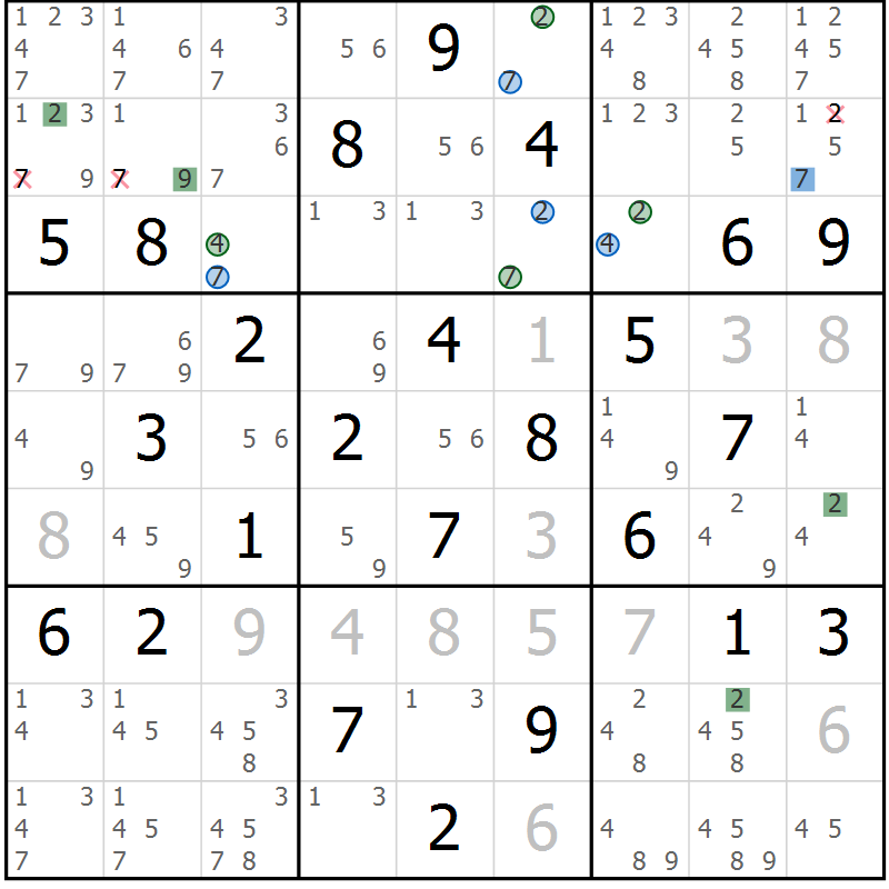 Position des candidats pour la solution de la Gr 75 page 78 du magazine de sudoku Suprême n° 030