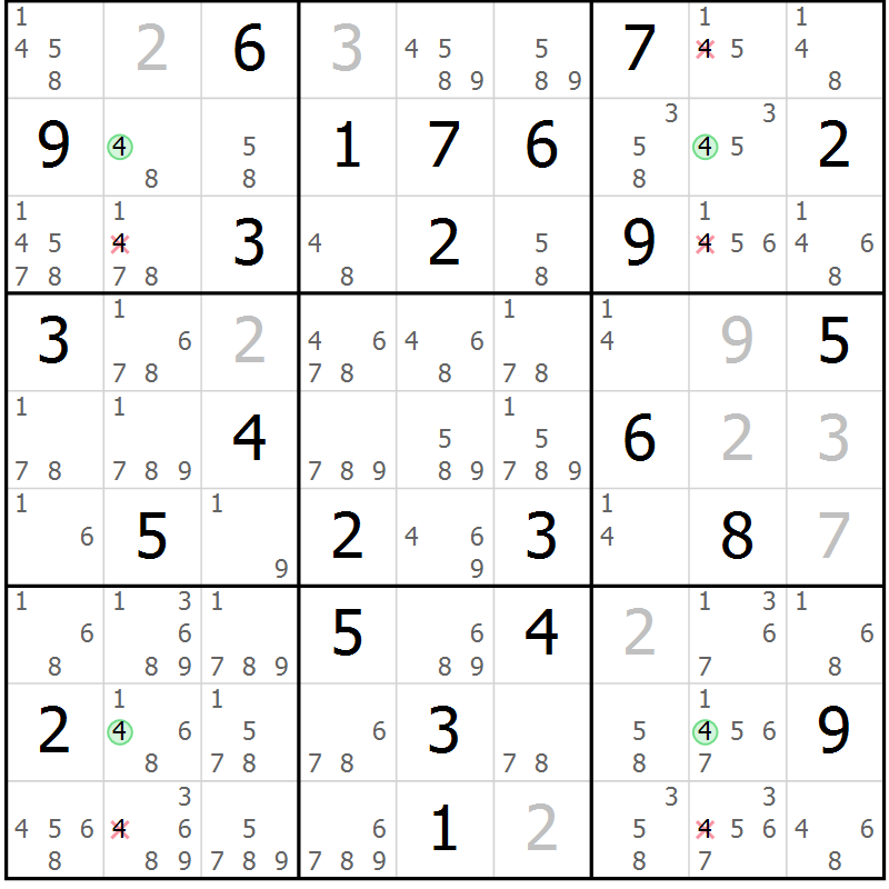 Position des candidats pour la solution de la Gr 78 page 81 du magazine de sudoku Suprême n° 030