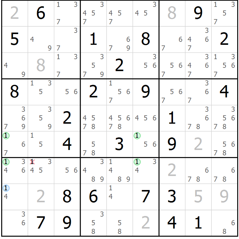 Position des candidats pour la solution de la Gr 79 page 82 du magazine de sudoku Suprême n° 030