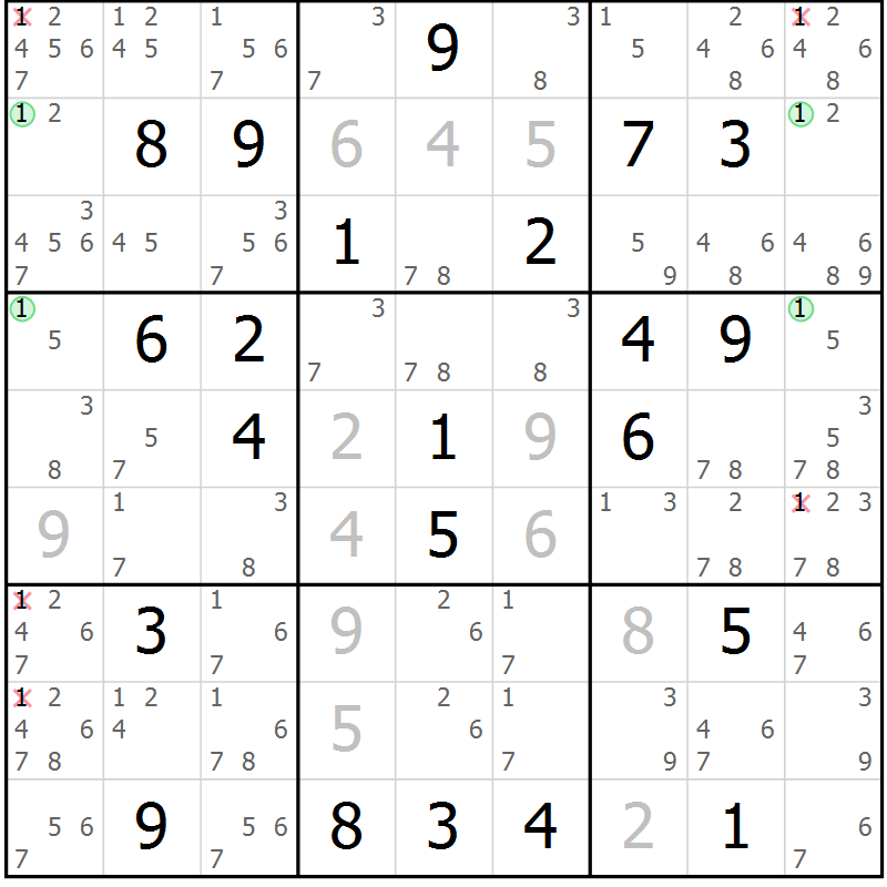 Position des candidats pour la solution de la Gr 8 page 11 du magazine de sudoku Suprême n° 030