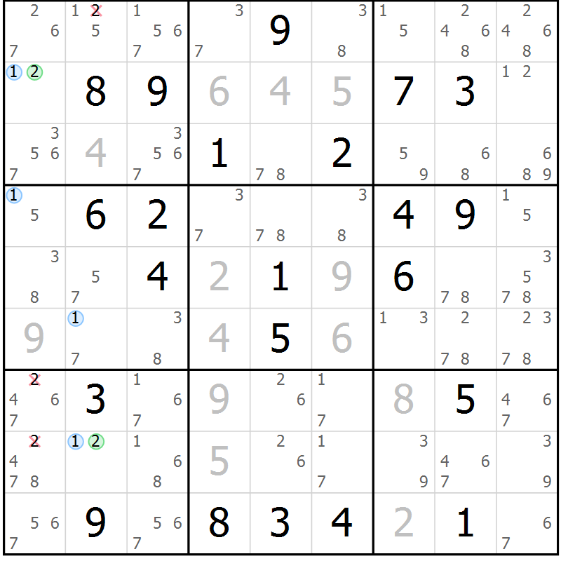 Position des candidats pour la solution de la Gr 8 page 11 du magazine de sudoku Suprême n° 030