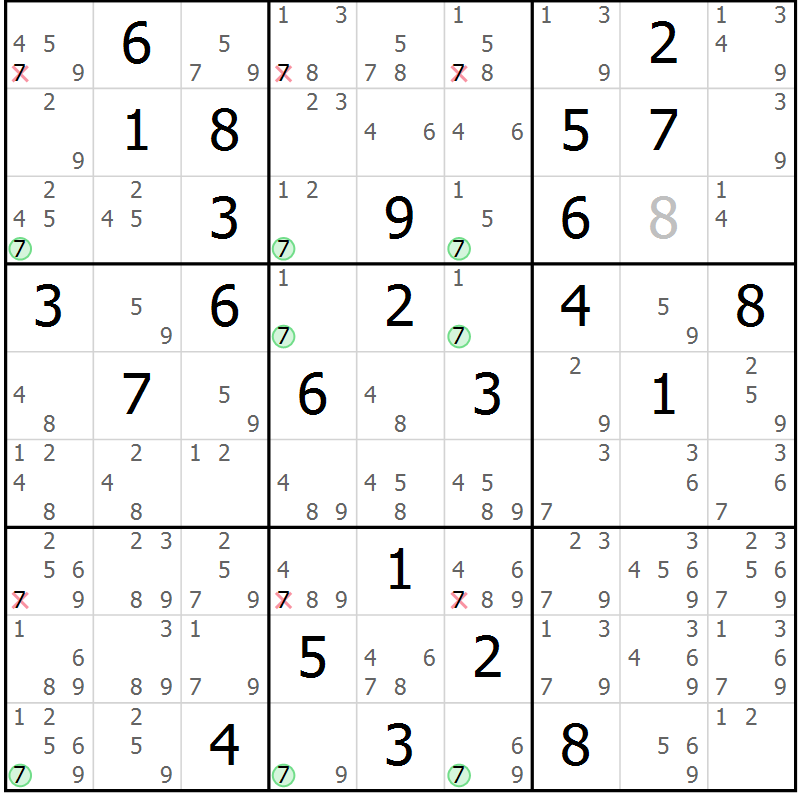 Position des candidats pour la solution de la Gr 81 page 84 du magazine de sudoku Suprême n° 030