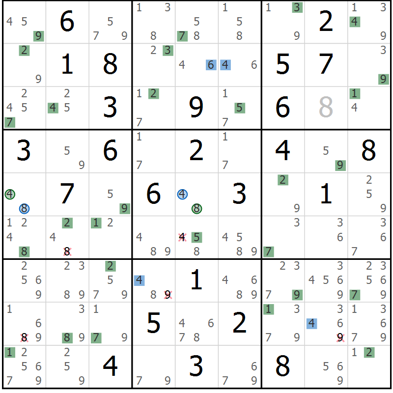 Position des candidats pour la solution de la Gr 81 page 84 du magazine de sudoku Suprême n° 030