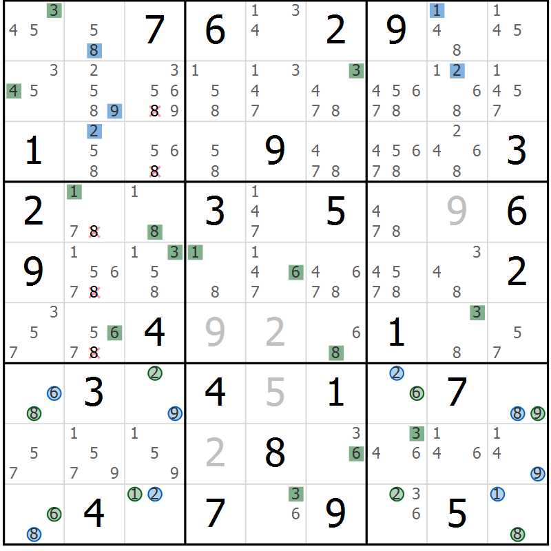 Position des candidats pour la solution de la Gr 82 page 85 du magazine de sudoku Suprême n° 030