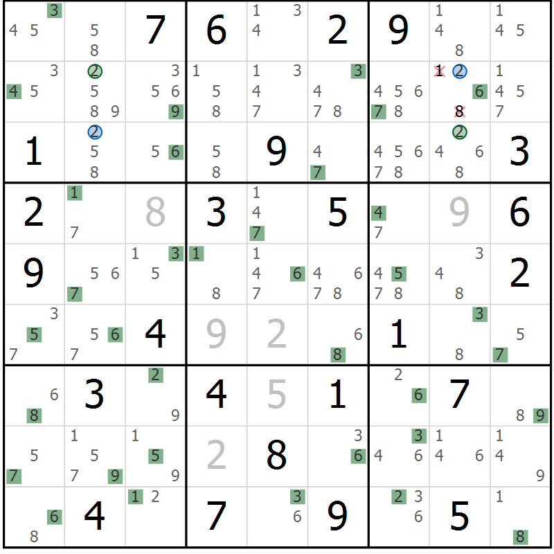 Position des candidats pour la solution de la Gr 82 page 85 du magazine de sudoku Suprême n° 030