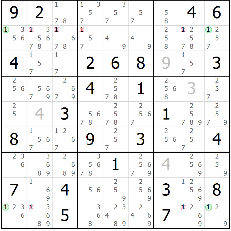 Position des candidats pour la solution de la Gr 84 page 87 du magazine de sudoku Suprême n° 030