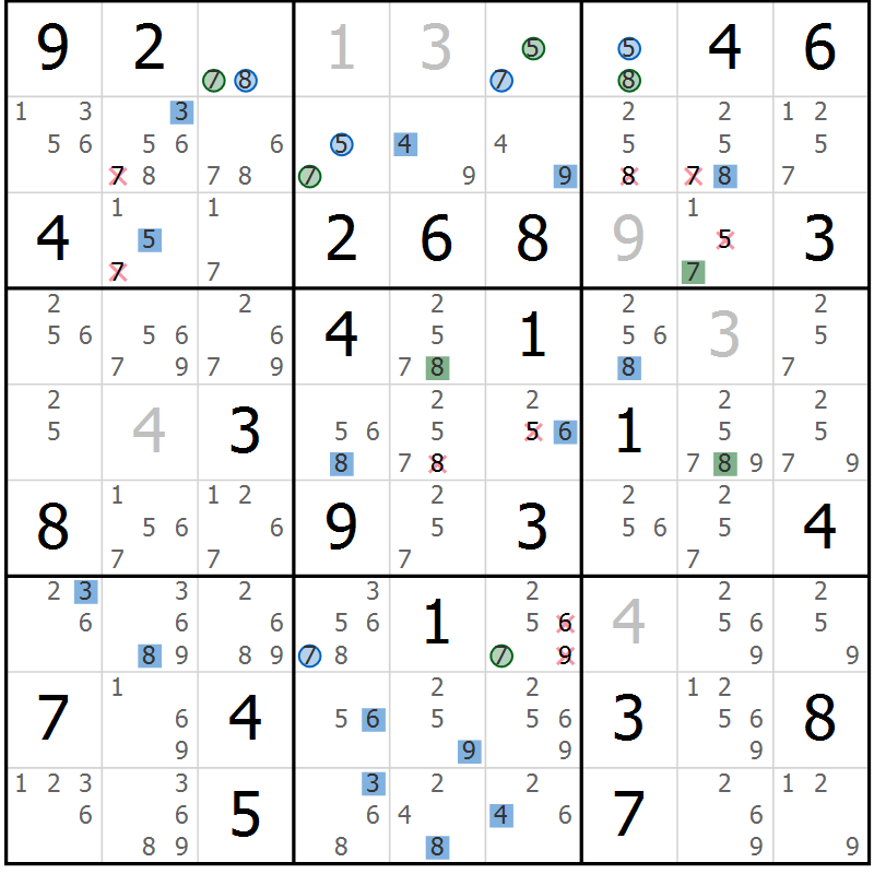 Position des candidats pour la solution de la Gr 84 page 87 du magazine de sudoku Suprême n° 030