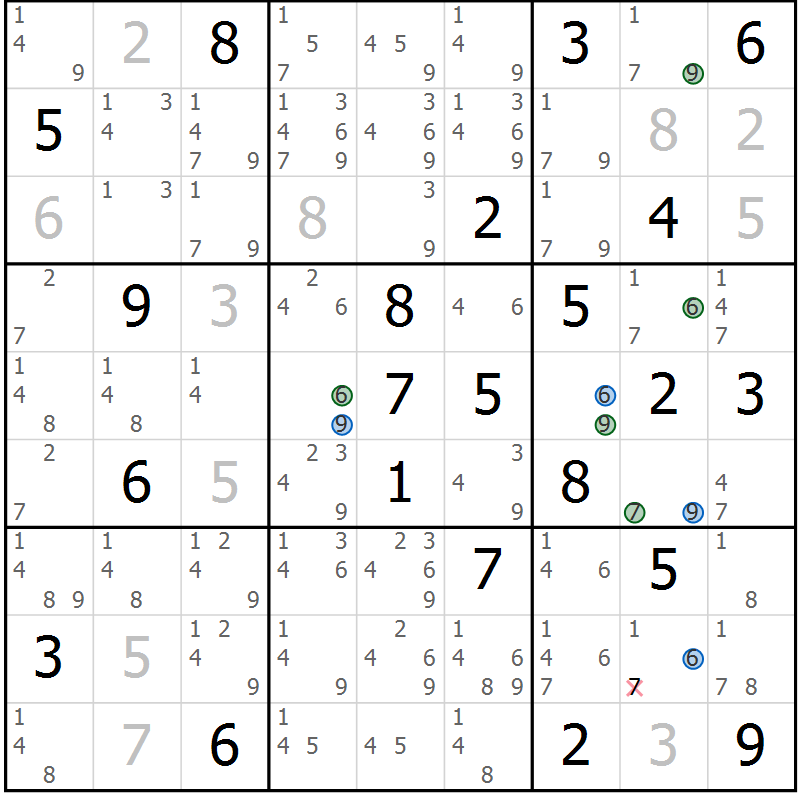 Position des candidats pour la solution de la Gr 9 page 12 du magazine de sudoku Suprême n° 030