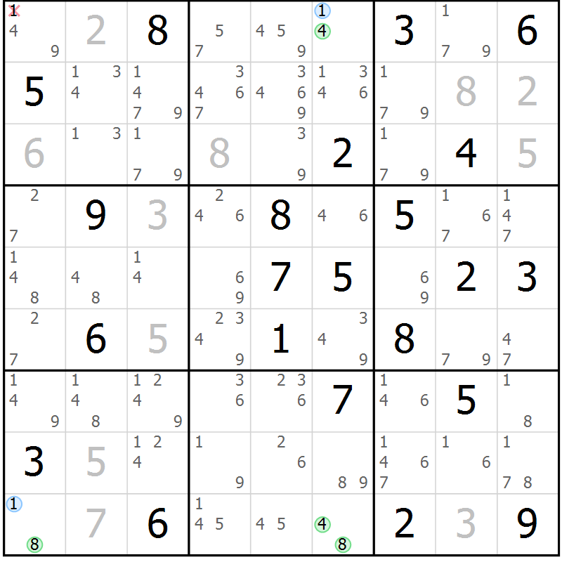 Position des candidats pour la solution de la Gr 9 page 12 du magazine de sudoku Suprême n° 030