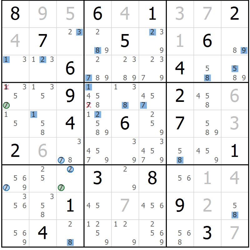 Position des candidats pour la solution de la Gr 10 page 13 du magazine de sudoku Suprême n° 031