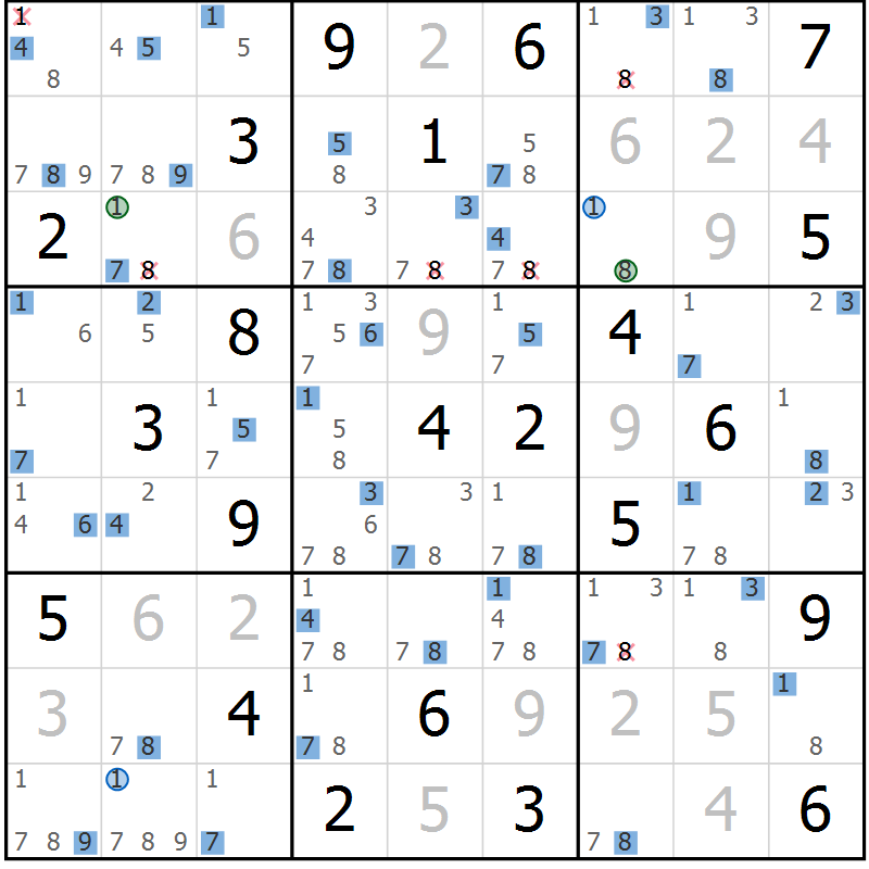 Position des candidats pour la solution de la Gr 12 page 15 du magazine de sudoku Suprême n° 031