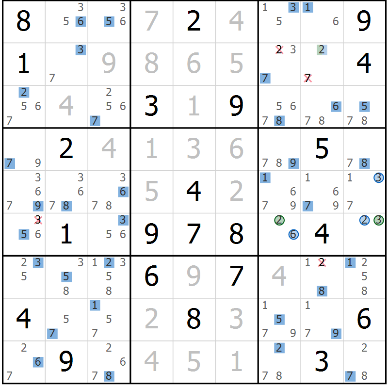 Position des candidats pour la solution de la Gr 18 page 21 du magazine de sudoku Suprême n° 031