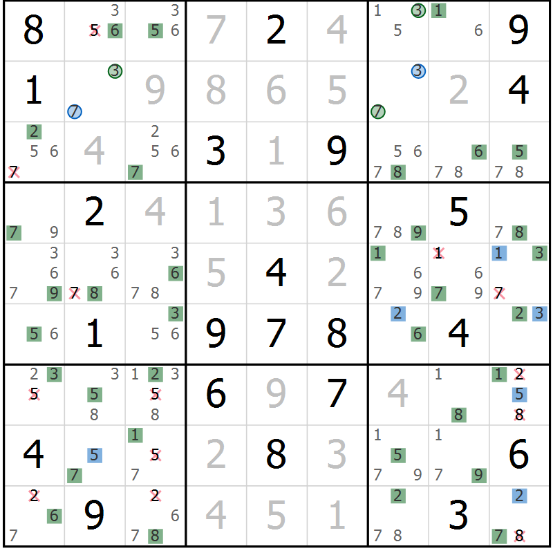 Position des candidats pour la solution de la Gr 18 page 21 du magazine de sudoku Suprême n° 031