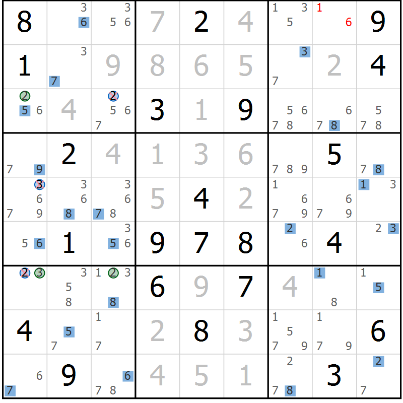 Position des candidats pour la solution de la Gr 18 page 21 du magazine de sudoku Suprême n° 031