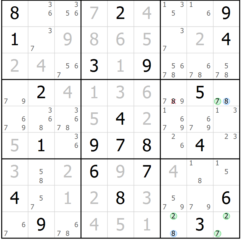 Position des candidats pour la solution de la Gr 18 page 21 du magazine de sudoku Suprême n° 031