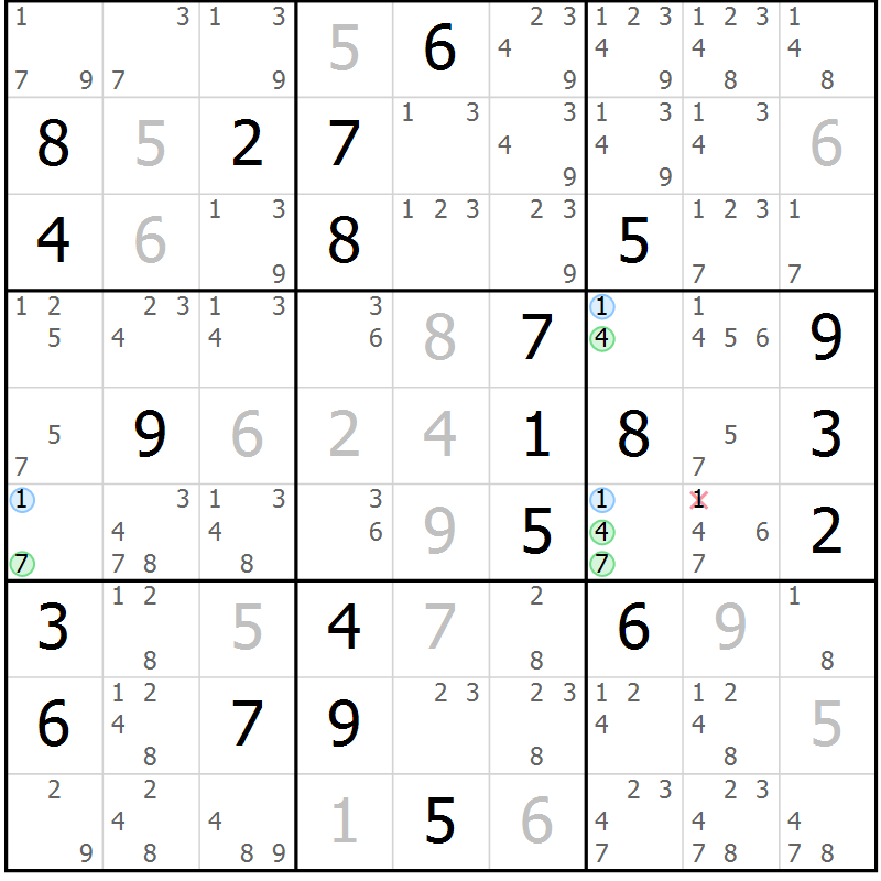 Position des candidats pour la solution de la Gr 19 page 22 du magazine de sudoku Suprême n° 031
