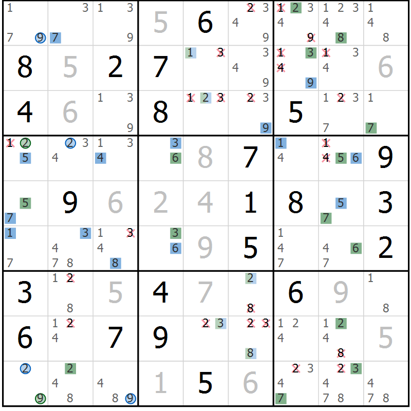 Position des candidats pour la solution de la Gr 19 page 22 du magazine de sudoku Suprême n° 031