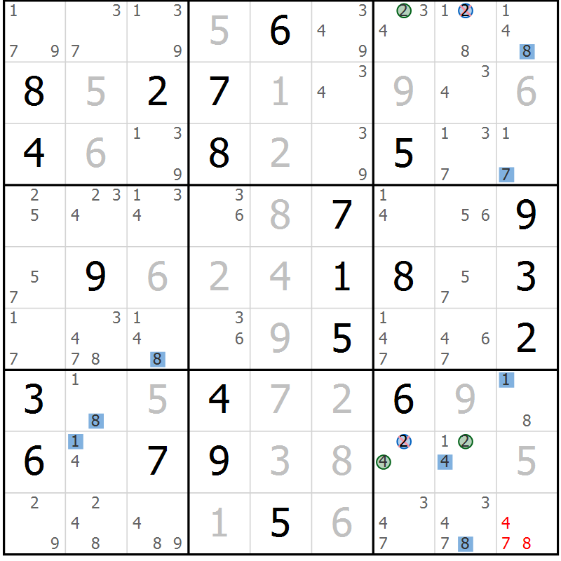 Position des candidats pour la solution de la Gr 19 page 22 du magazine de sudoku Suprême n° 031