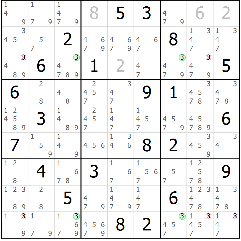 Position des candidats pour la solution de la Gr 2 page 5 du magazine de sudoku Suprême n° 031