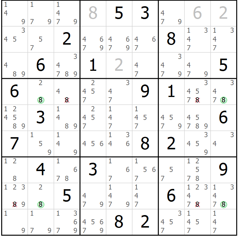 Position des candidats pour la solution de la Gr 2 page 5 du magazine de sudoku Suprême n° 031