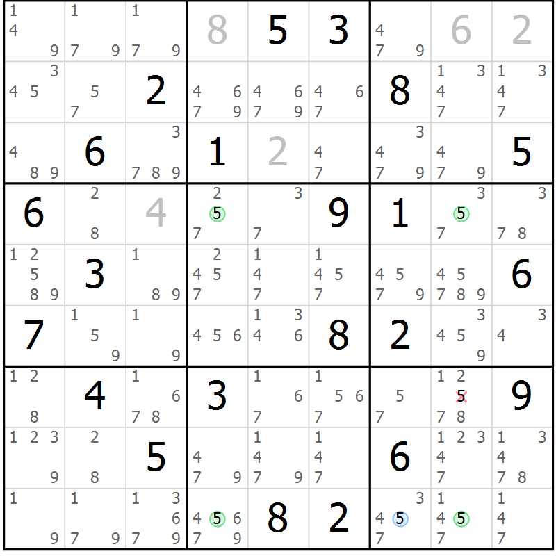 Position des candidats pour la solution de la Gr 2 page 5 du magazine de sudoku Suprême n° 031