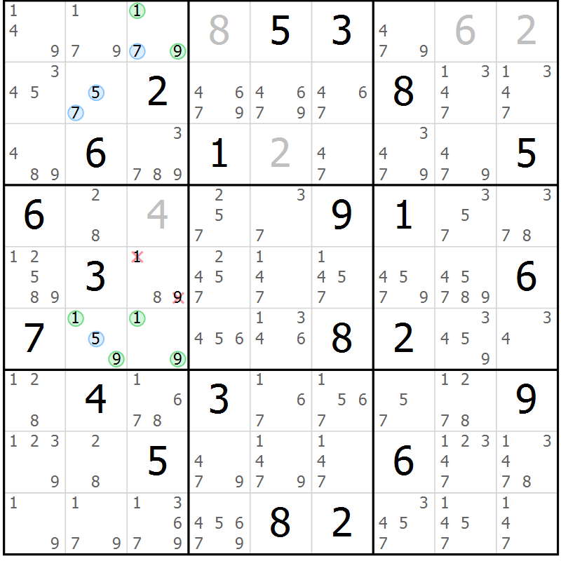 Position des candidats pour la solution de la Gr 2 page 5 du magazine de sudoku Suprême n° 031