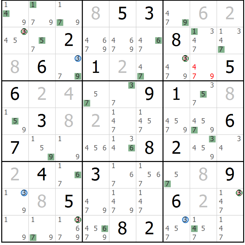 Position des candidats pour la solution de la Gr 2 page 5 du magazine de sudoku Suprême n° 031