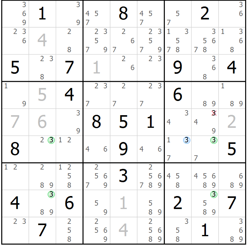 Position des candidats pour la solution de la Gr 20 page 23 du magazine de sudoku Suprême n° 031