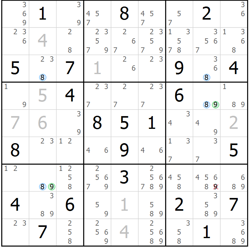 Position des candidats pour la solution de la Gr 20 page 23 du magazine de sudoku Suprême n° 031