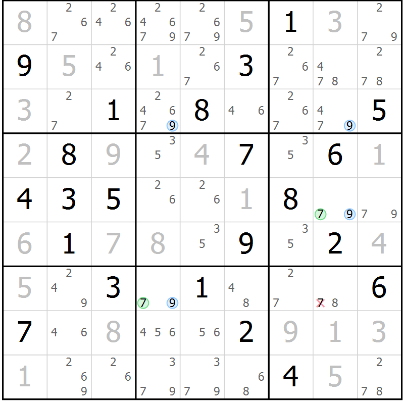 Position des candidats pour la solution de la Gr 23 page 26 du magazine de sudoku Suprême n° 031