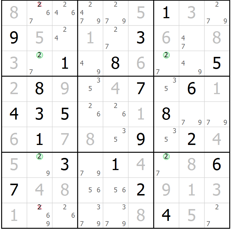 Position des candidats pour la solution de la Gr 23 page 26 du magazine de sudoku Suprême n° 031