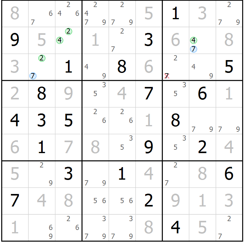 Position des candidats pour la solution de la Gr 23 page 26 du magazine de sudoku Suprême n° 031
