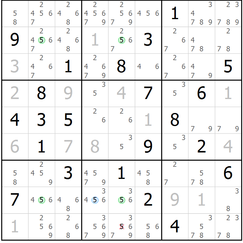 Position des candidats pour la solution de la Gr 23 page 26 du magazine de sudoku Suprême n° 031