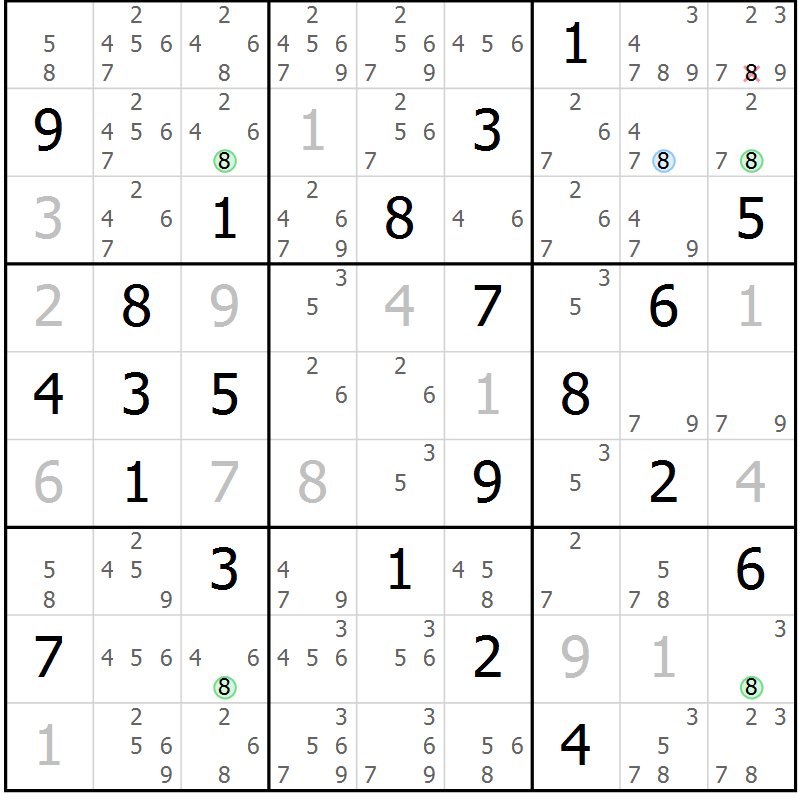 Position des candidats pour la solution de la Gr 23 page 26 du magazine de sudoku Suprême n° 031