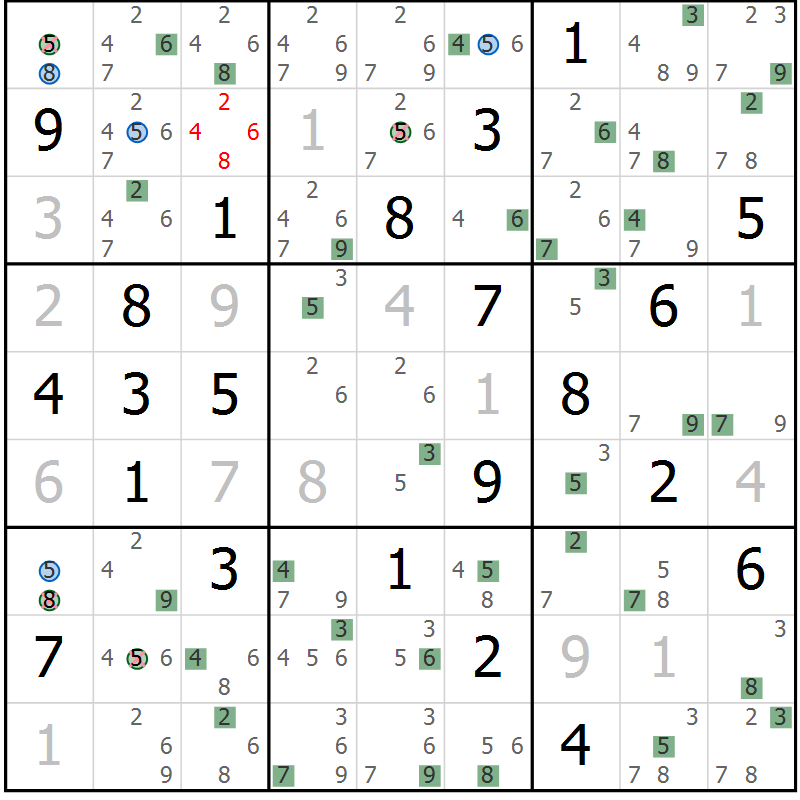Position des candidats pour la solution de la Gr 23 page 26 du magazine de sudoku Suprême n° 031