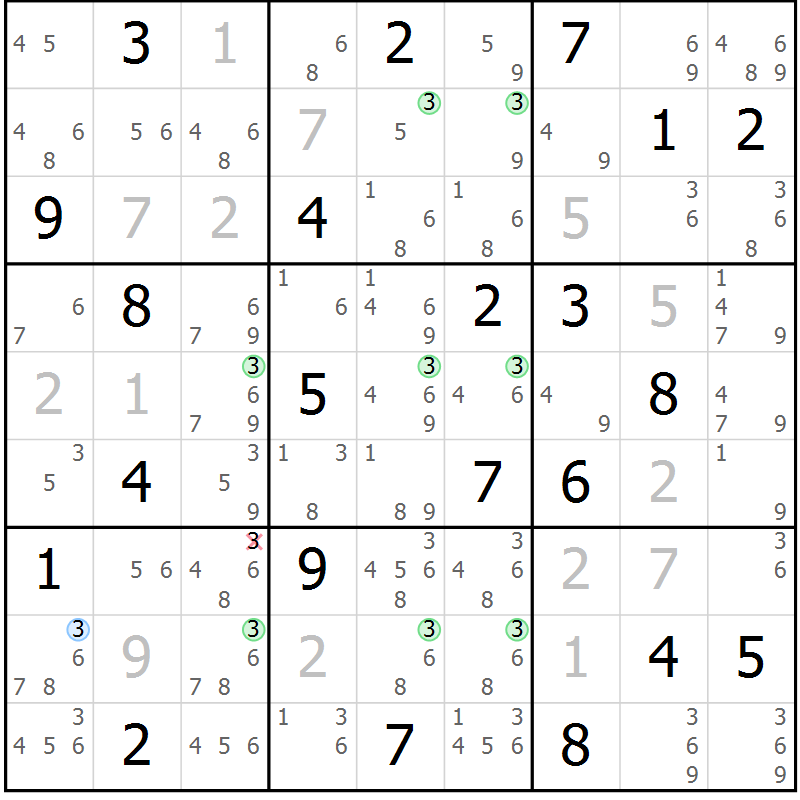 Position des candidats pour la solution de la Gr 24 page 27 du magazine de sudoku Suprême n° 031
