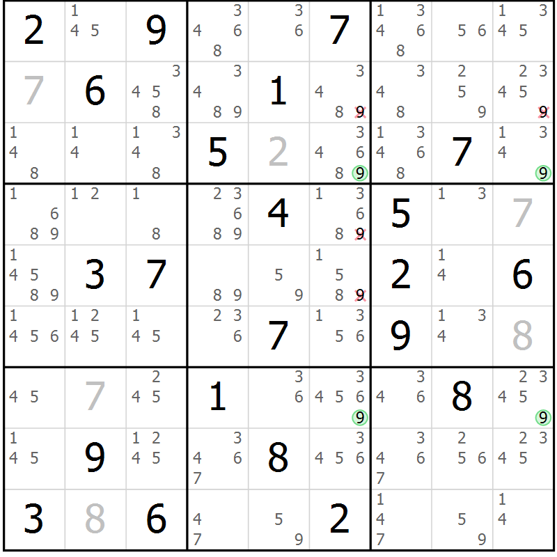 Position des candidats pour la solution de la Gr 26 page 29 du magazine de sudoku Suprême n° 031